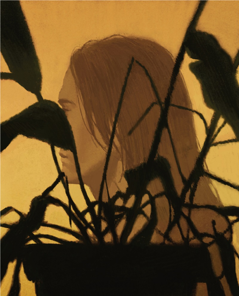 Illustration of a woman behind a plant