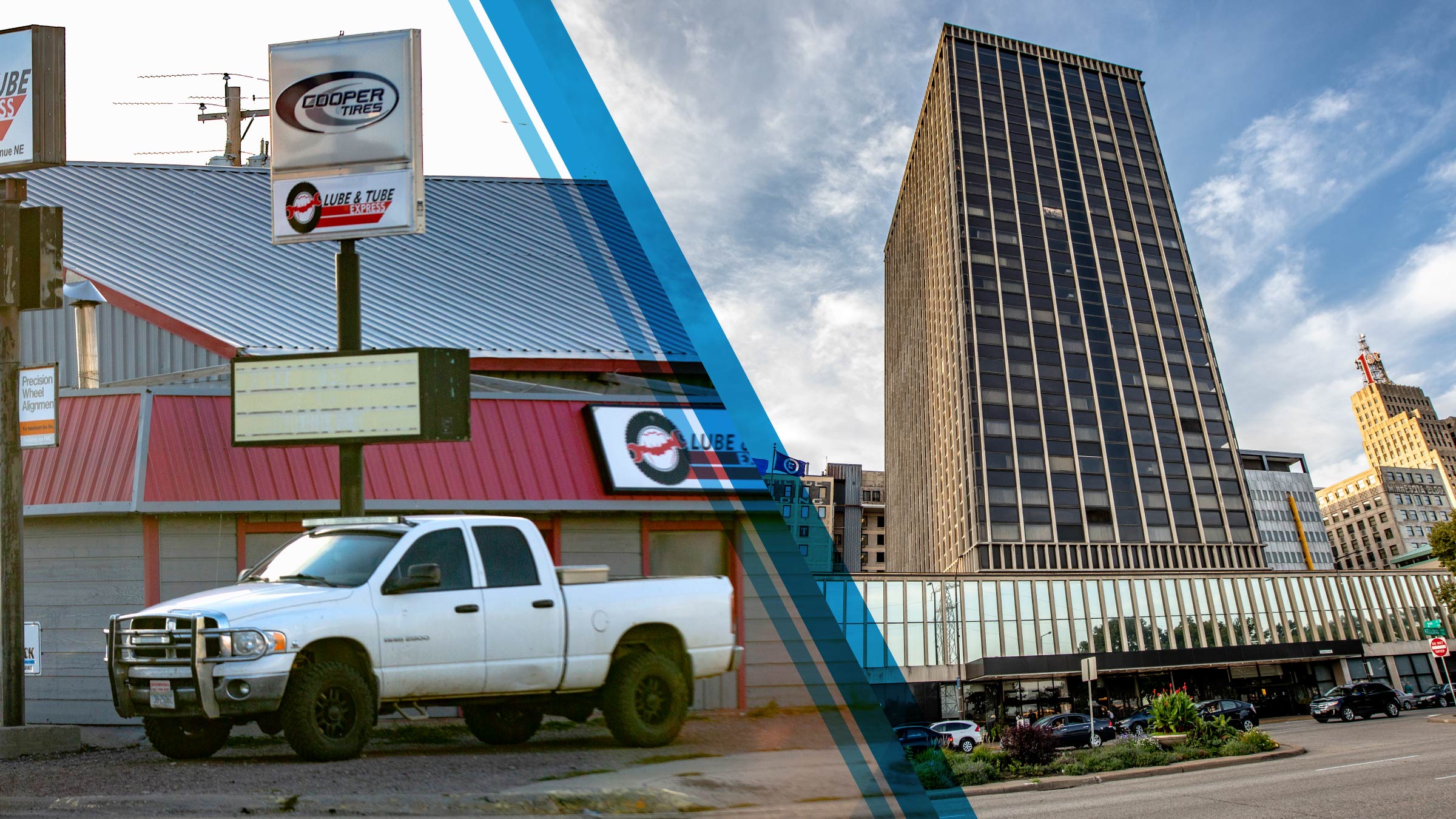 Photo on left side of image: Daytime exterior shot of a tire and auto service shop in a small town in Montana. The one-story building has gray metal siding and red trim. Two pickup trucks are parked near the entrance, below the shop's signs. Photo on right side of image: Daytime exterior shot of a high-rise hotel in downtown St. Paul, Minnesota. The image is taken at midrange from across the street, looking up at the hotel tower, with several other downtown buildings visible in tihe background.