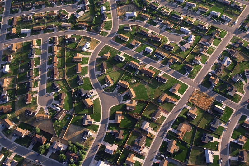 Aerial image of Billings housing development, two column