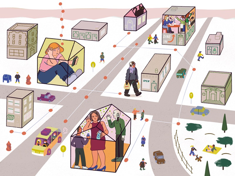 Illustration of individuals in their homes with their cell phones