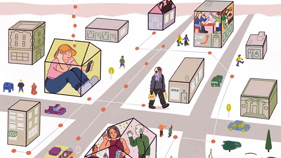 Illustration of individuals in their homes with their cell phones