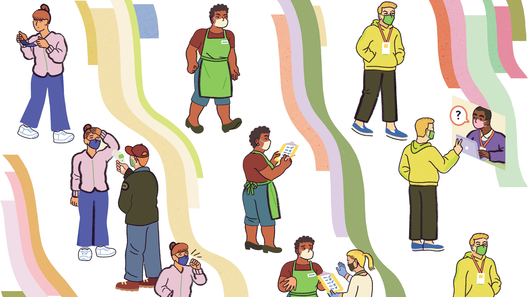 Illustration of workers going through COVID-19 screenings