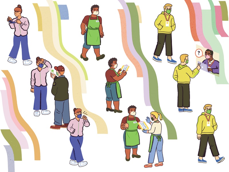 Illustration of workers going through COVID-19 screenings