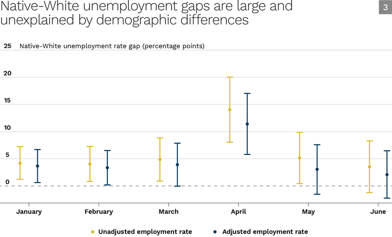 Figure 3: Native-White unemployment gaps are large and unexplained by demographic differences