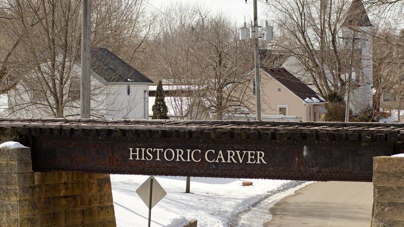 Historic Carver railroad bridge sign, Carver, Minn.