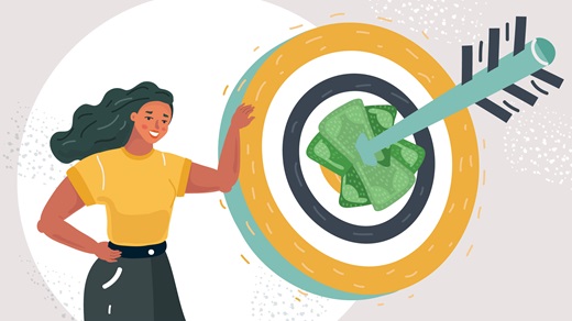 Blueprint for opportunity key, woman next to target with a bullseye
