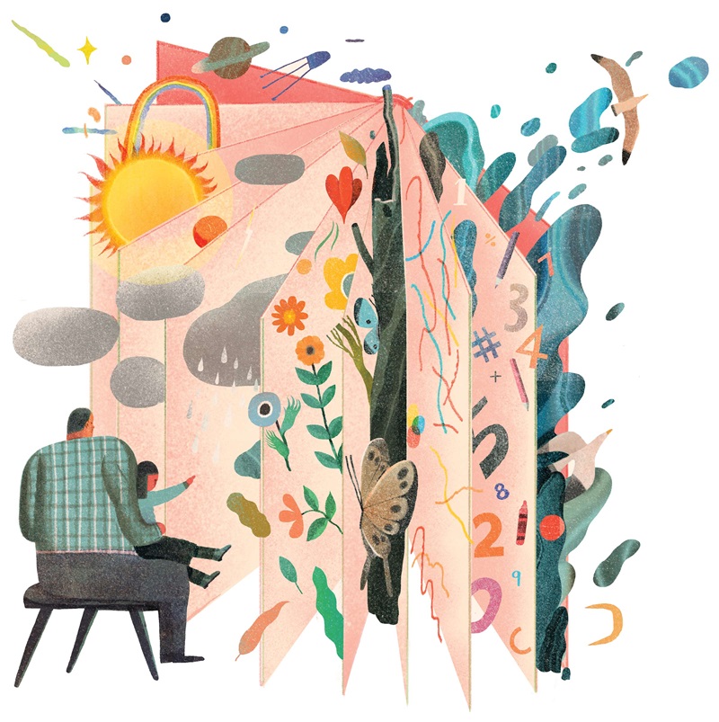 Illustration of parent and child reading a book full of opportunities