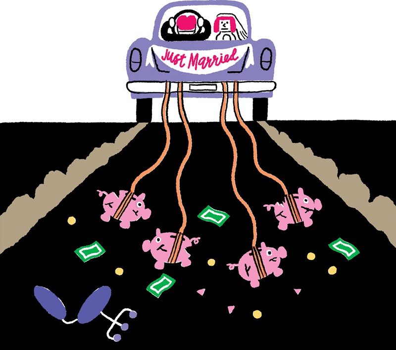 Illustration of car with 'Just Married' sign pulling piggy banks instead of cans