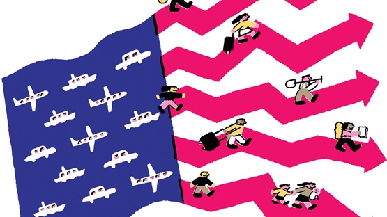 Illustration of American flag with immigrant workers exiting various types of vehicles