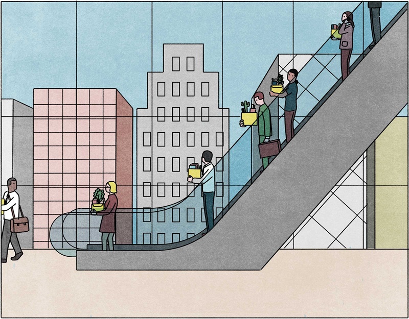 Illustration of unemployed workers going down escalator