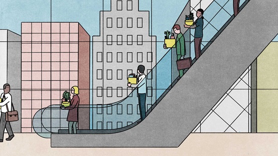 Illustration of unemployed workers going down escalator