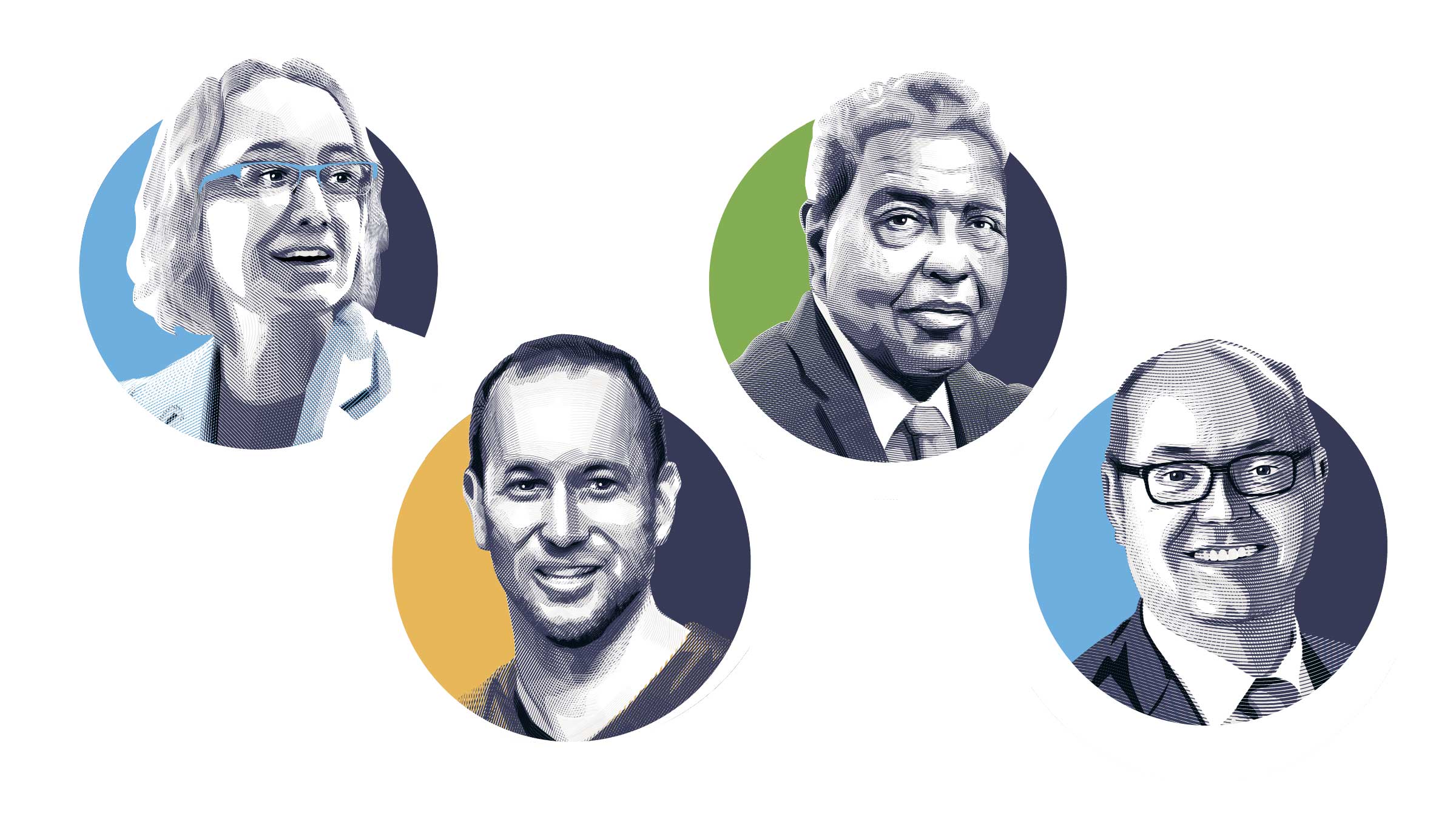 illustrations of Abigail Wozniak, Greg Kaplan, Sandy Darity, and Mark Wright