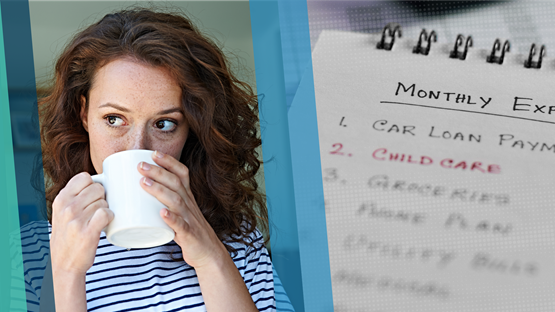 Pensive woman next to a list of monthly expenses