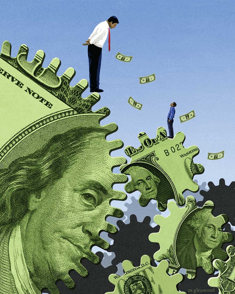 Illustration of two people on cogs with money