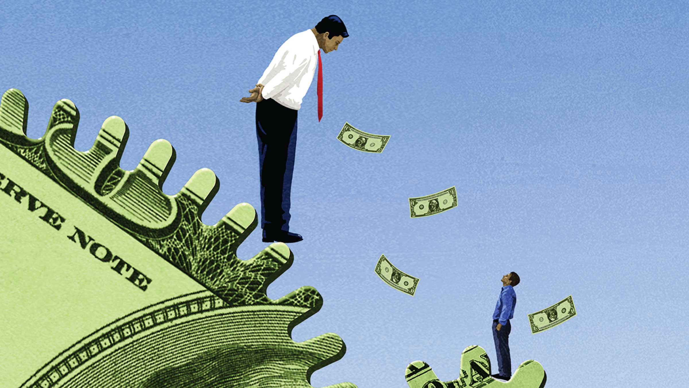 Illustration of two people on cogs with money