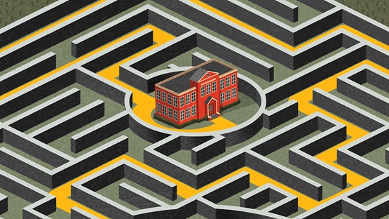 An illustration of a maze leading to a university