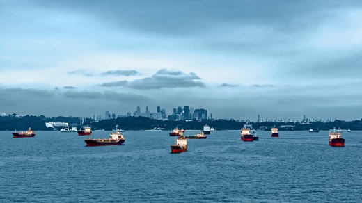 Cargo ships in a busy harbour