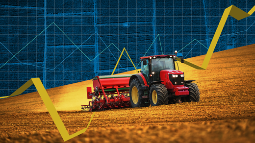 Tractor planting a field laid over a chart representing income and land value growth