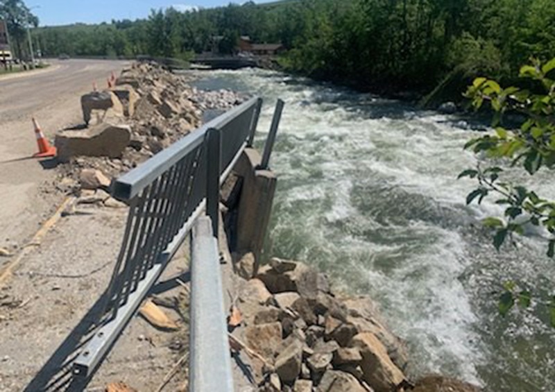 Road damaged by flooding in Montana, near Yellowstone National Park