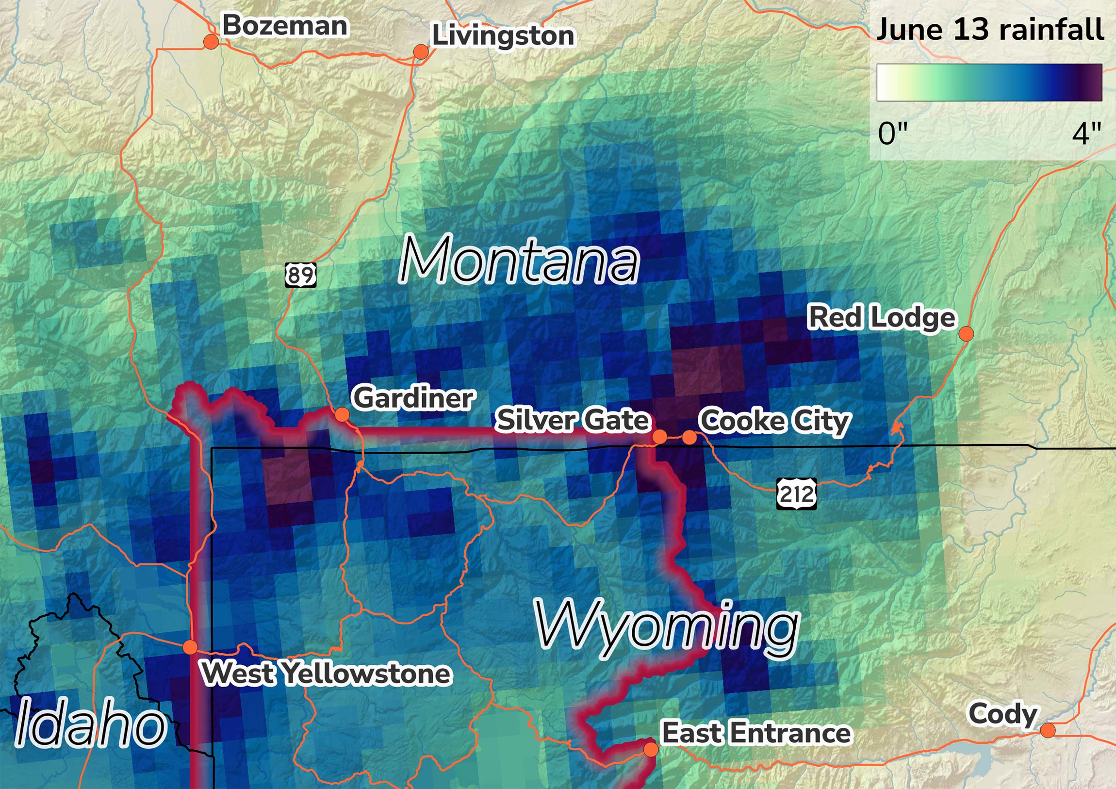 Flood map of Yellowstone National Park, focused on the North entrance