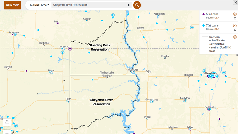 Native American Funding and Finance Atlas is a new economic development tool for Indian Country, map detail showing SBA 504 and 7(a) loans on or near the Standing Rock and Cheyenne River reservations