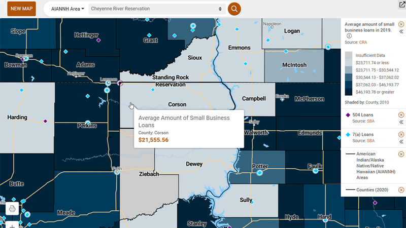 Native American Funding and Finance Atlas is a new economic development tool for Indian Country, map detail showing average small business loan amounts in a selected county in South Dakota