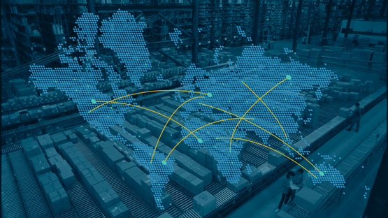 world map with connected locations indicating international trade routes overlaying an image of a warehouse