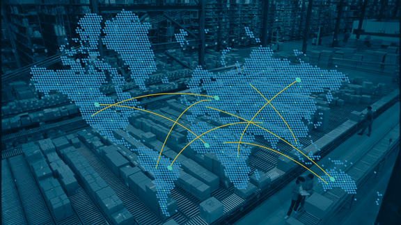 world map with connected locations indicating international trade routes overlaying an image of a warehouse