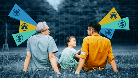 Three generations of people sitting in a field, thinking about priorities