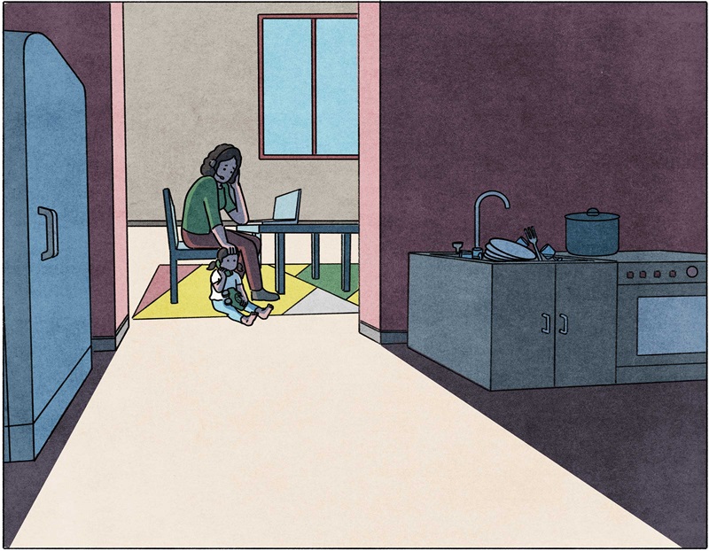 mother working at dining table