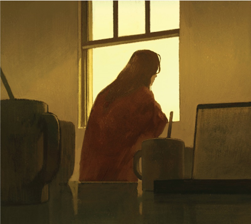 Illustration of woman looking tiredly out of a window
