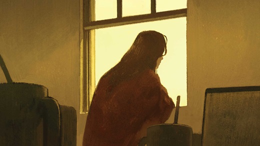 Illustration of woman looking tiredly out of a window