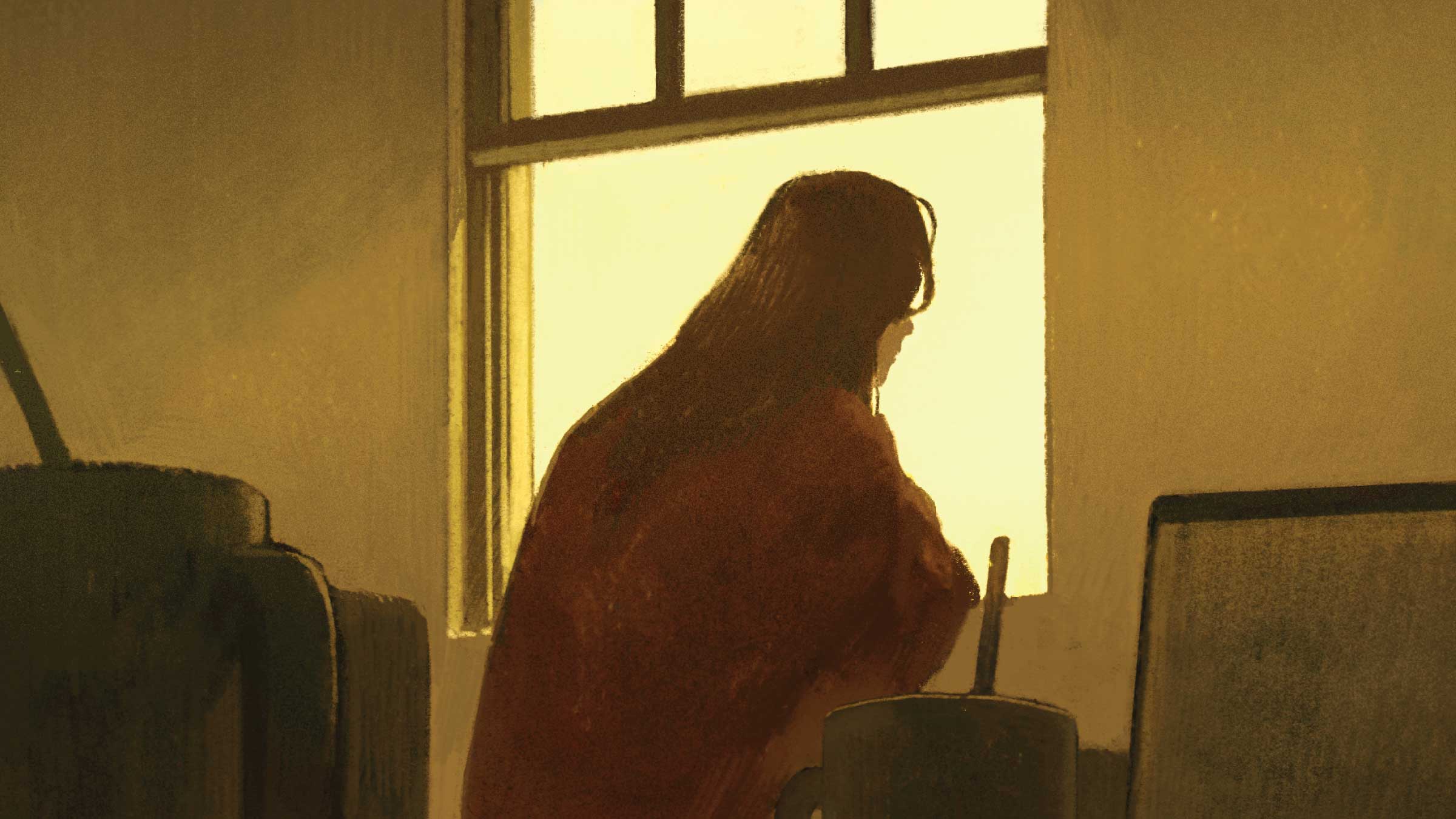 COVID overshadowing concerned woman with office work happening in the background