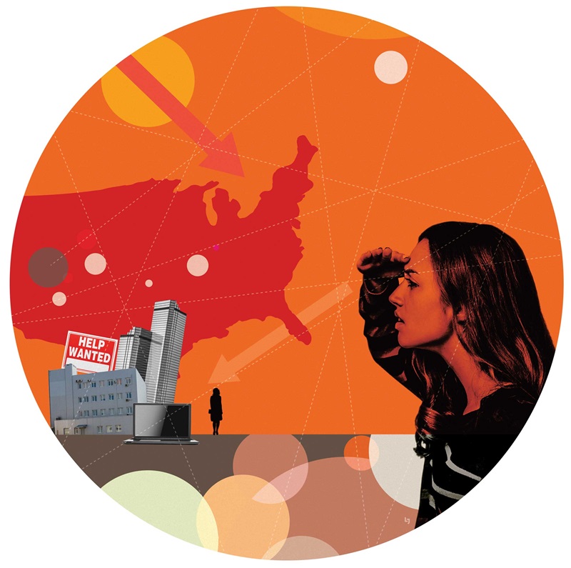 Illustration of woman looking to USA and industry