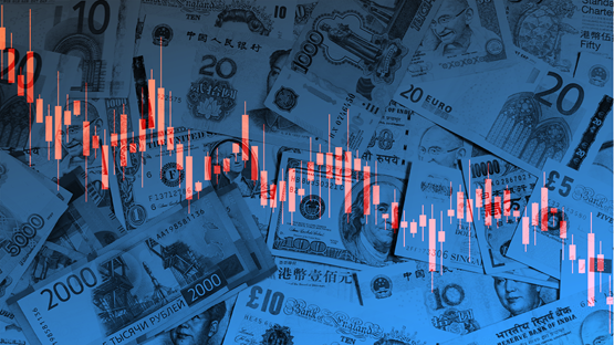 Downward trending chart over a background of various currency