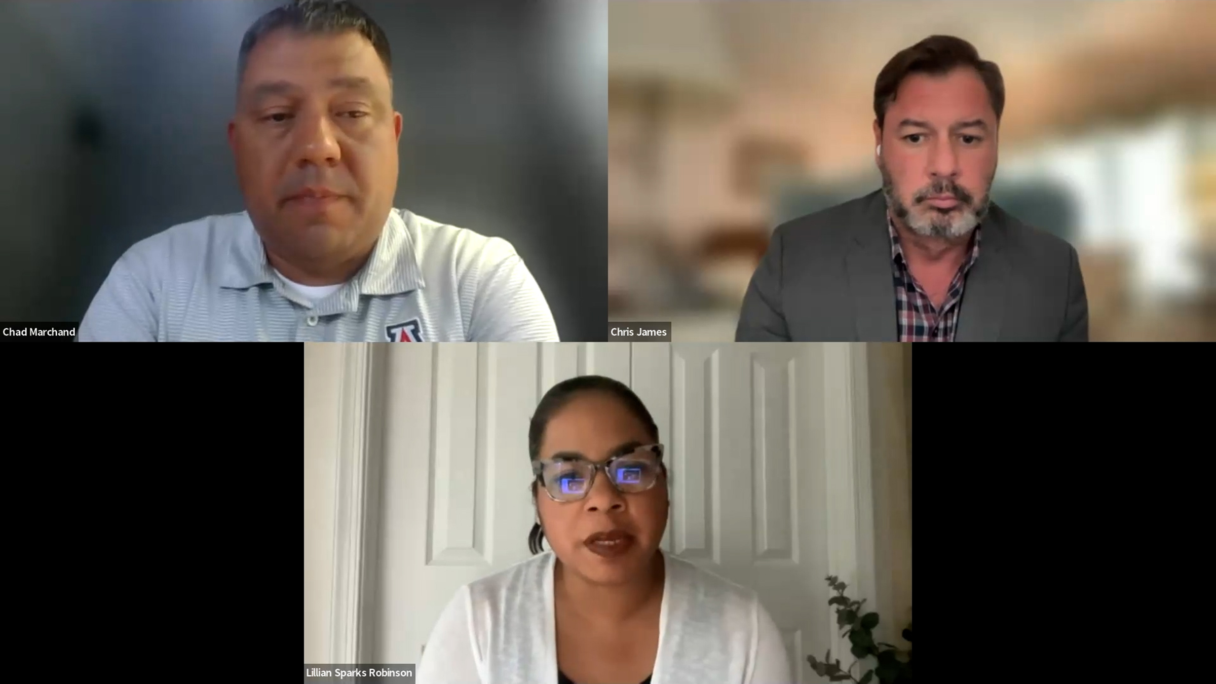 A composite image of three of the speakers from CICD's “Opportunities and Barriers in Native Federal Contracting" webinar. Top row: Chad Marchand (moderator, Federal Reserve Bank of San Francisco) and Chris James (National Center for American Indian Enterprise Development). Bottom row: Lillian Sparks Robinson (Native American Contractors Association).