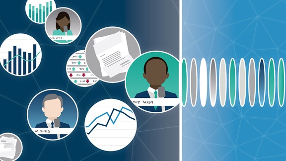 Graphics of charts, newscasters, and bills float on the left side, then pass through an AI filter, becoming an orderly collection on the right