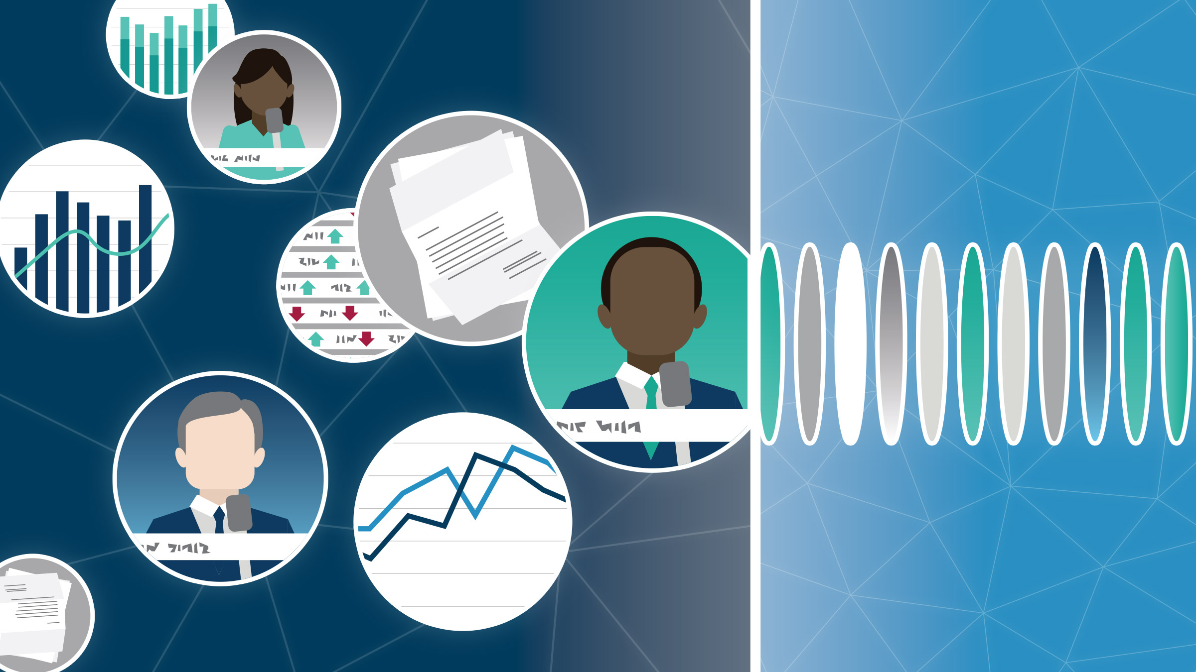 Graphics of charts, newscasters, and bills float on the left side, then pass through an AI filter, becoming an orderly collection on the right