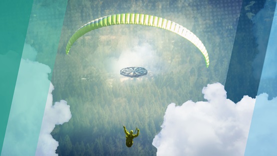 Person parachuting through the clouds, aimed at a target, far away on the ground