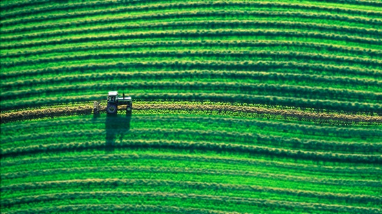 Tractor driving through a farm field