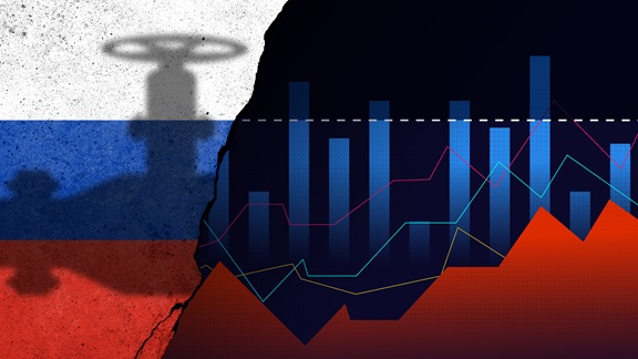 Shadow of oil pump release value on Russian national flag, transposed over a chart representing oil prices