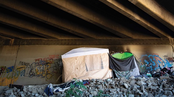 Homeless tents under a bridge