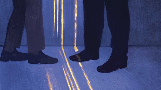 Illustration of two coworkers' feet during an interaction