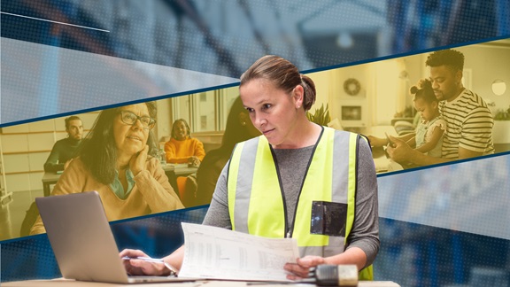 Woman working with images of adult learner and a father with a young child in the background