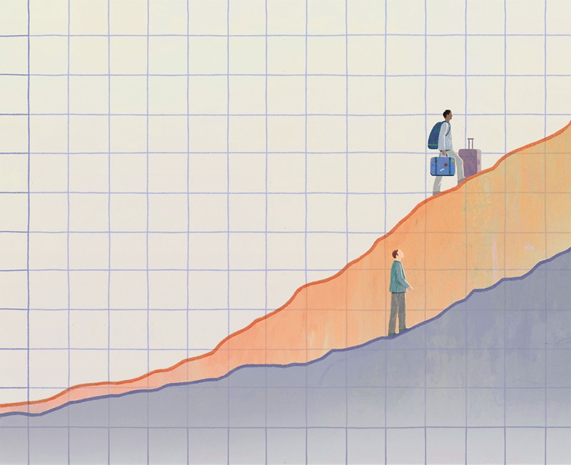Illustration of two people, each climbing their own rising trendline on a chart
