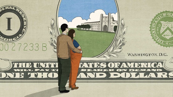 Illustration of pregnant couple standing in from of a dollar bill, looking at a university in the distance