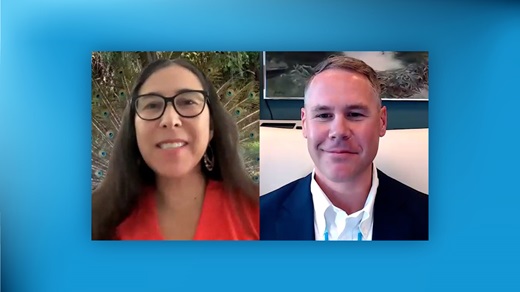 Video stills from the November 13, 2024, Center for Indian Country Development Data Summit showing Stephanie Russo Carroll and Casey Lozar appear side-by-side over a blue shaded background.
