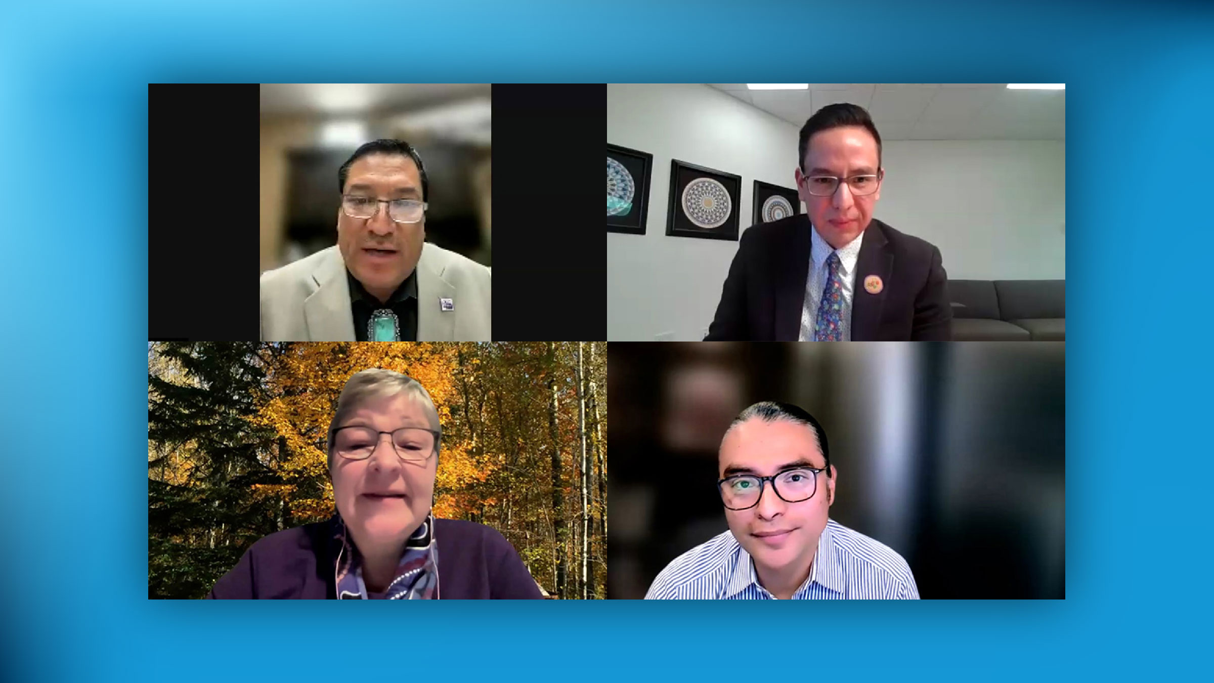 Video stills from the November 13, 2024, Center for Indian Country Development Data Summit showing Governer Reggie Wassana, Dustin Goslin, Estakio Beltran, and Karen Diver appear in a 4x4 grid over a blue shaded background.