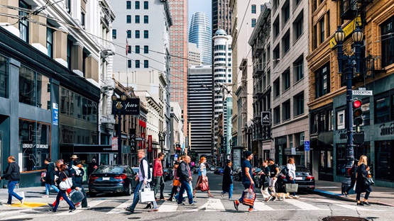 People crossing the street in San Francisco, CA