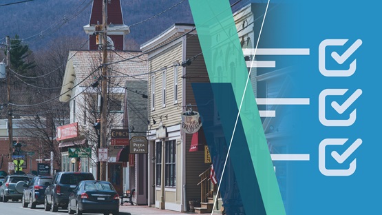 survey check box image transposed over an image of small town main street